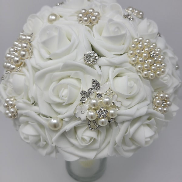 White Foam Roses Brooch Bouquet | Wedding Bouquet | Pearl  Brooches | Bridal | Wedding Flowers | Bridesmaids | Toss Bouquet | Silver