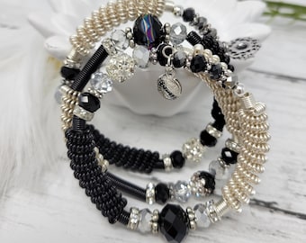 Handmade Black & Silver Beaded Memory Wire Bangle