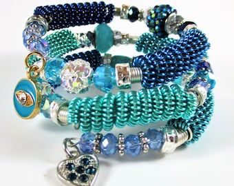 Blue Wire Wrapped Memory Bracelet | Beaded Bangle with Charms