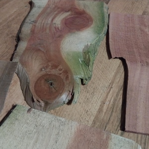 May include: Close-up of several irregularly shaped wood pieces. The wood features a variety of colors, including reddish-brown, green, and tan. The grain patterns are visible, with knots and natural edges. The pieces appear to be raw wood, possibly for crafting.