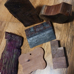 May include: Six pieces of wood in various shapes and sizes. The wood is a mix of dark brown, light brown, and purple. Some of the pieces have a rough, natural texture, while others are smooth. The wood is perfect for crafting projects.