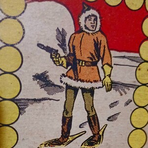 May include: A vintage illustration of a cartoon character wearing a fur-trimmed coat and holding a gun. The character is standing on a snowy landscape. The image is surrounded by a border of yellow circles. The text "MERCURY" is printed below the character.