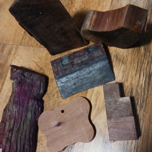May include: Six pieces of wood in various shapes and sizes. The wood is a mix of dark brown, light brown, and purple. Some of the pieces have a rough, textured surface, while others are smooth. The wood is perfect for crafting projects.
