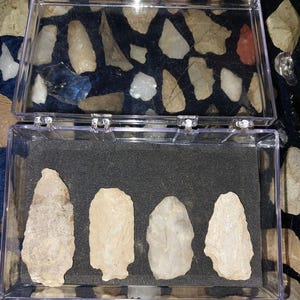 May include: Four light brown arrowheads are displayed in a clear plastic storage box with a black foam insert. The arrowheads are arranged in a row, with the points facing the viewer.