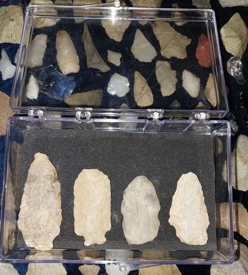 May include: Four light brown arrowheads are displayed in a clear plastic storage box with a black foam insert. The arrowheads are arranged in a row, with the points facing the viewer.