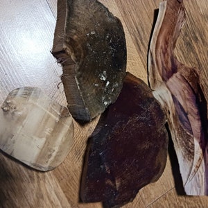 May include: Four pieces of wood with different colors and textures. One piece is light brown, one is dark brown, one is reddish-brown, and one is a dark purple-brown.
