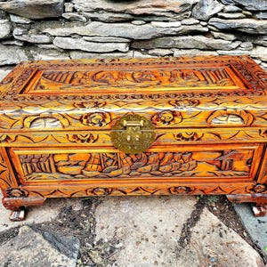 vintage Camphor wood chest with boats ship ocean theme image 1