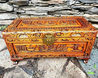 vintage Camphor wood chest with boats ship ocean theme