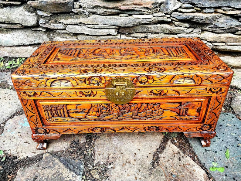 vintage Camphor wood chest with boats ship ocean theme image 1