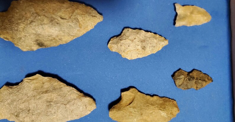 Pode incluir: Uma cole&ccedil;&atilde;o de ferramentas de pedra antigas, incluindo pontas de flecha e l&acirc;minas, em v&aacute;rios tamanhos e formas. As ferramentas s&atilde;o principalmente bege e cinza, com algumas pe&ccedil;as marrons mais escuras. Elas est&atilde;o dispostas em uma superf&iacute;cie azul.