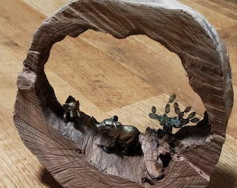 rustic elephant decor, hollowed log with scenery
