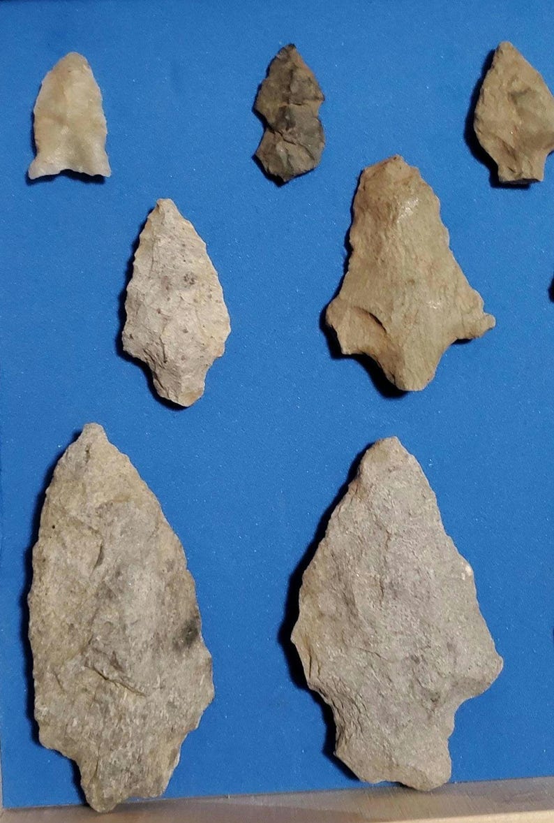 Pode incluir: Cole&ccedil;&atilde;o de antigas pontas de flecha de pedra em v&aacute;rias formas e tamanhos. As pontas de flecha s&atilde;o principalmente em tons de cinza e bege, com superf&iacute;cies &aacute;speras e texturizadas. Est&atilde;o dispostas sobre um fundo azul, mostrando sua import&acirc;ncia hist&oacute;rica.