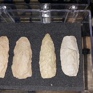May include: A close-up of four arrowheads in a clear plastic display case. The arrowheads are made of a light brown stone and have a pointed tip. The arrowheads are arranged in a row, with the points facing the viewer.