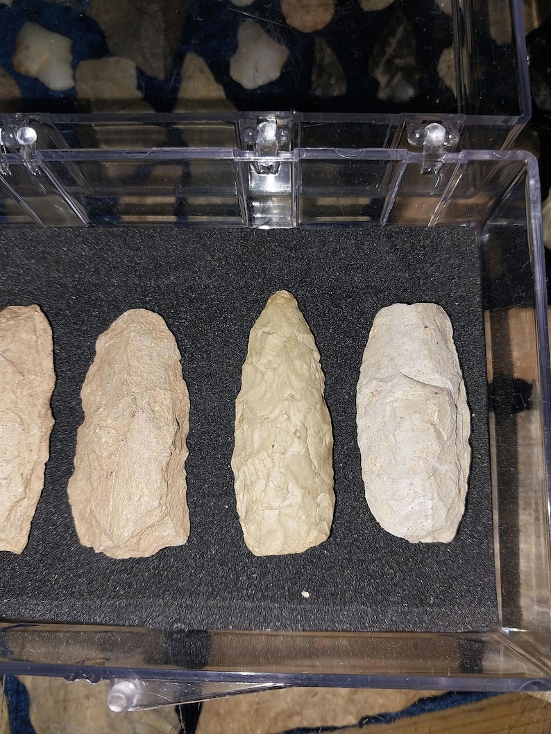 May include: A close-up of four arrowheads in a clear plastic display case. The arrowheads are made of a light brown stone and have a pointed tip. The arrowheads are arranged in a row, with the points facing the viewer.