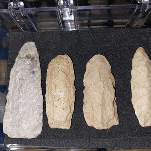 May include: Four arrowheads made of stone, displayed in a clear plastic case with a black foam lining. The arrowheads are various shades of brown and gray.