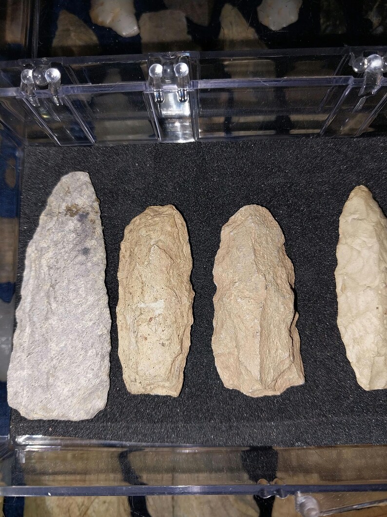 May include: Four arrowheads made of stone, displayed in a clear plastic case with a black foam lining. The arrowheads are various shades of brown and gray.