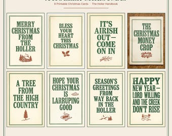 Puede incluir: Un conjunto de ocho tarjetas de Navidad imprimibles tituladas A Holler Christmas, con texto verde sobre fondos crema e ilustraciones pequeñas que incluyen una cabaña, acebo, un árbol, un pastel y un arroyo, con bordes verdes finos.
