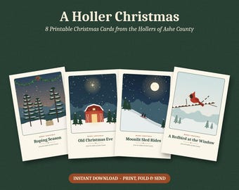 Może przedstawiać: Zestaw czterech kartek świątecznych do druku zatytułowanych A Holler Christmas, z ilustracjami zaśnieżonych krajobrazów, czerwonej stodoły, sanek i czerwonego kardynała. Każda kartka zawiera napis Merry Christmas i tytuły.