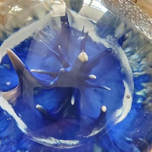 May include: A clear glass paperweight with a deep blue and white abstract design. The interior features a central, branching structure with white tips, encased in a swirling, ocean-like pattern. The overall effect is a captivating, artistic piece.