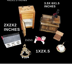 May include: Assortment of miniature wooden furniture and decor items, including a small wooden house, a wooden cabinet with a glass door, a wooden sink with a faucet, a wooden rocking horse, a chandelier with crystal beads, and a small lamp with a floral design. The items are all painted in various shades of brown, white, and red. The dimensions of each item are listed in inches.