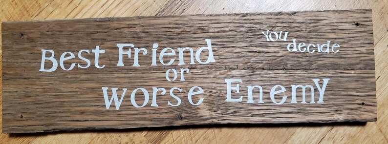 May include: A rectangular wooden sign with the words "Best Friend or Worse Enemy" in white lettering. Above the word "Enemy" is the phrase "you decide". The wood has a natural, rustic appearance.