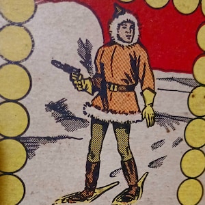 May include: A vintage illustration of a cartoon character wearing a fur-trimmed coat and holding a gun. The character is standing on a snowy landscape. The image is surrounded by a border of yellow circles. The text "MERCURY" is printed below the character.