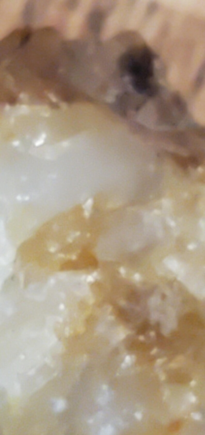 May include: Close-up of a textured, off-white surface with hints of brown and yellow. The image has a soft, diffused focus, suggesting a natural or organic material.