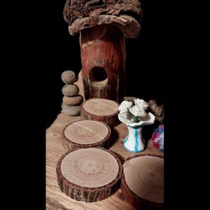 May include: A rustic wooden birdhouse with a natural bark roof, a stack of smooth stones, and several wooden coasters. A small vase with white flowers and a blue and white striped design is also present.