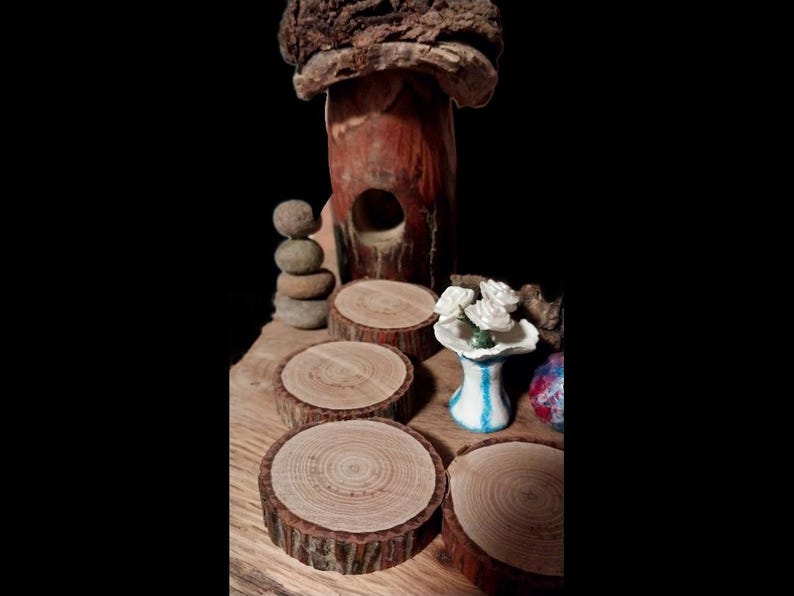 May include: A rustic wooden birdhouse with a natural bark roof, a stack of smooth stones, and several wooden coasters. A small vase with white flowers and a blue and white striped design is also present.