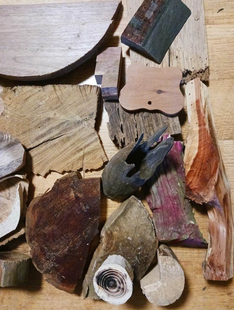 May include: Assortment of wood pieces in various shapes, sizes, and colors, including brown, red, black, and green. The wood pieces are arranged on a light brown surface.