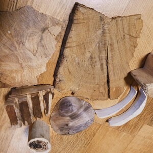 May include: A collection of various wood pieces, including a large, round piece with visible growth rings, a smaller, rectangular piece with a rough texture, and a few smaller, irregularly shaped pieces. The wood pieces are arranged on a wooden surface.