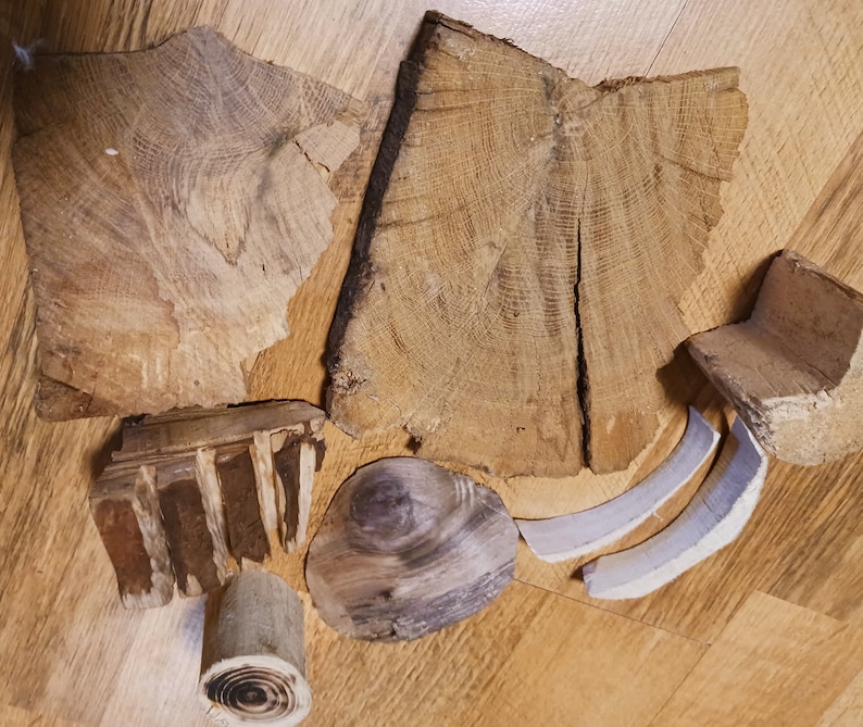 May include: A collection of various wood pieces, including a large, round piece with visible growth rings, a smaller, rectangular piece with a rough texture, and a few smaller, irregularly shaped pieces. The wood pieces are arranged on a wooden surface.