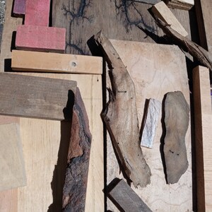 May include: A collection of wood pieces in various shapes, sizes, and colors. Some pieces are smooth and polished, while others are rough and textured. The wood pieces are arranged in a random pattern on a wooden surface.