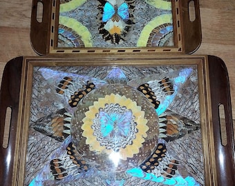 Vintage Brazilian Butterfly Wing Inlay Tray Set: Iridescent Blue Art
