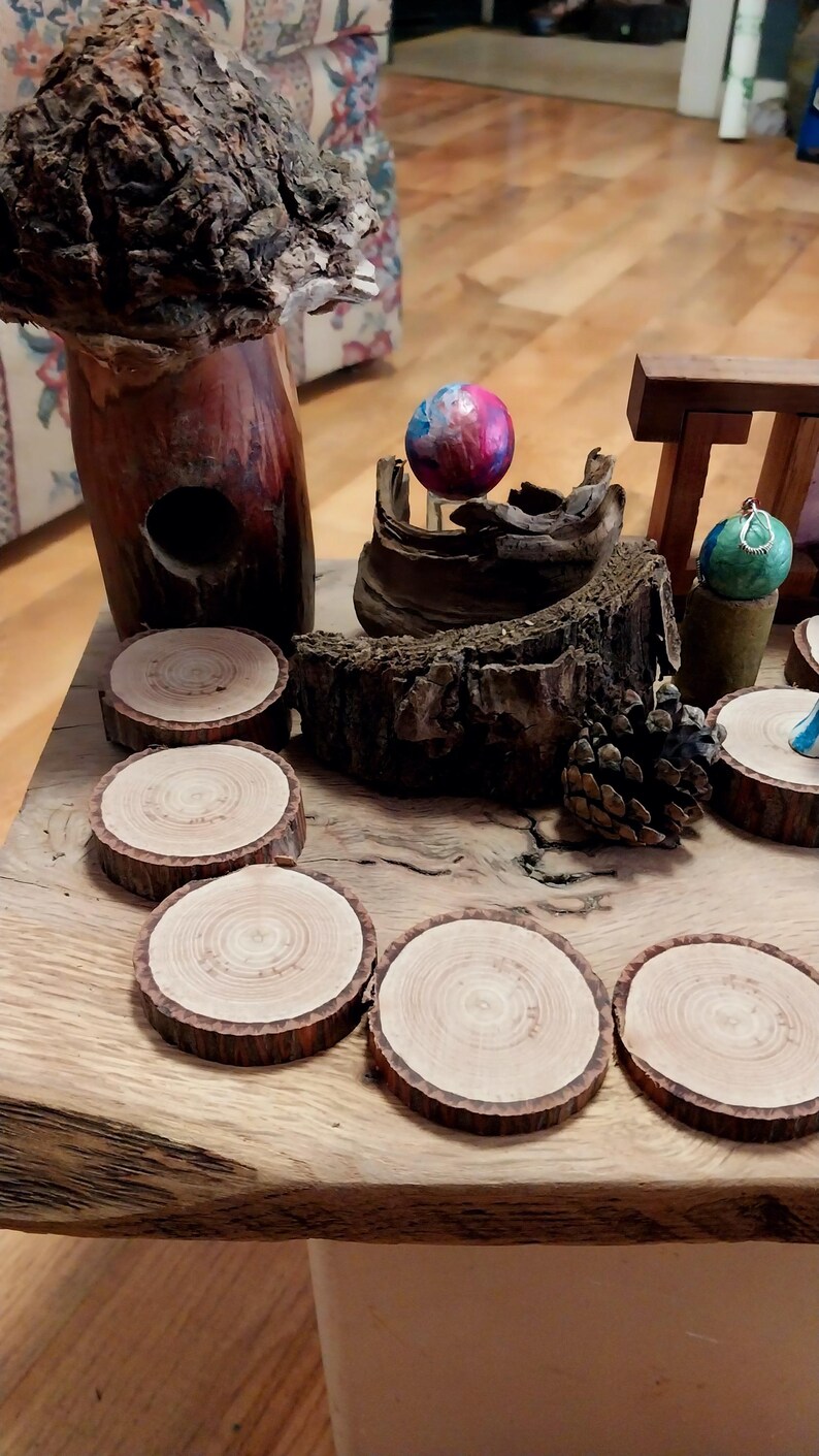 May include: A collection of natural wood coasters with a dark brown bark edge. The coasters are arranged on a rustic wooden surface, alongside decorative wooden sculptures and a colorful, spherical ornament. A pine cone adds to the natural theme.