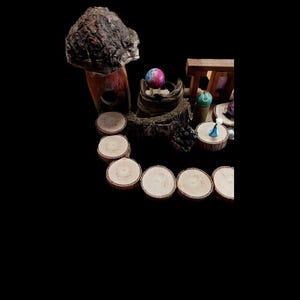 May include: A whimsical arrangement featuring a large, textured mushroom, a colorful sphere, and miniature figurines. Wooden slices are arranged in a semi-circle. The scene is set against a black background, creating a dramatic contrast.