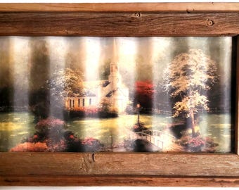 vintage framed painting of a church on metal