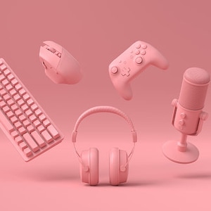 Puede incluir: Un teclado, un ratón, unos auriculares, un micrófono y un mando de videojuegos de color rosa. Todos estos son accesorios de juego comunes.