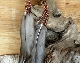 Blue-Gray Duck Feather Earrings, Copper Waterfall Dangle Earrings