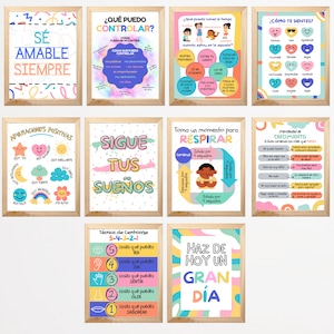 10 School Counselor Spanish Mental Health Posters for Kids (Various Sizes Included)