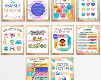 10 School Counselor Spanish Mental Health Posters for Kids (Various Sizes Included)