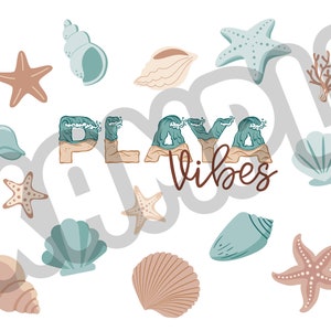 May include: A white background with the text "Playa Vibes" in brown lettering with blue waves. The background is decorated with various sea-themed illustrations, including starfish, seashells, and seaweed in shades of brown, beige, and blue.