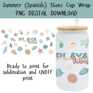 May include: A 16 ounce white ceramic cup with a bamboo lid and a straw. The cup has a design of seashells, starfish, and the text "Playa Vibes" in blue and white. The design is ready to print for sublimation and UV DTF.