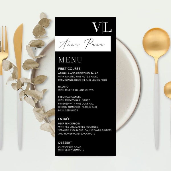 Menu, Minimalist Black Wedding Menu Template, Modern Menu, Elegant Black Wedding Menu, Black and White Menu, Simple Menu, Skinny Menu