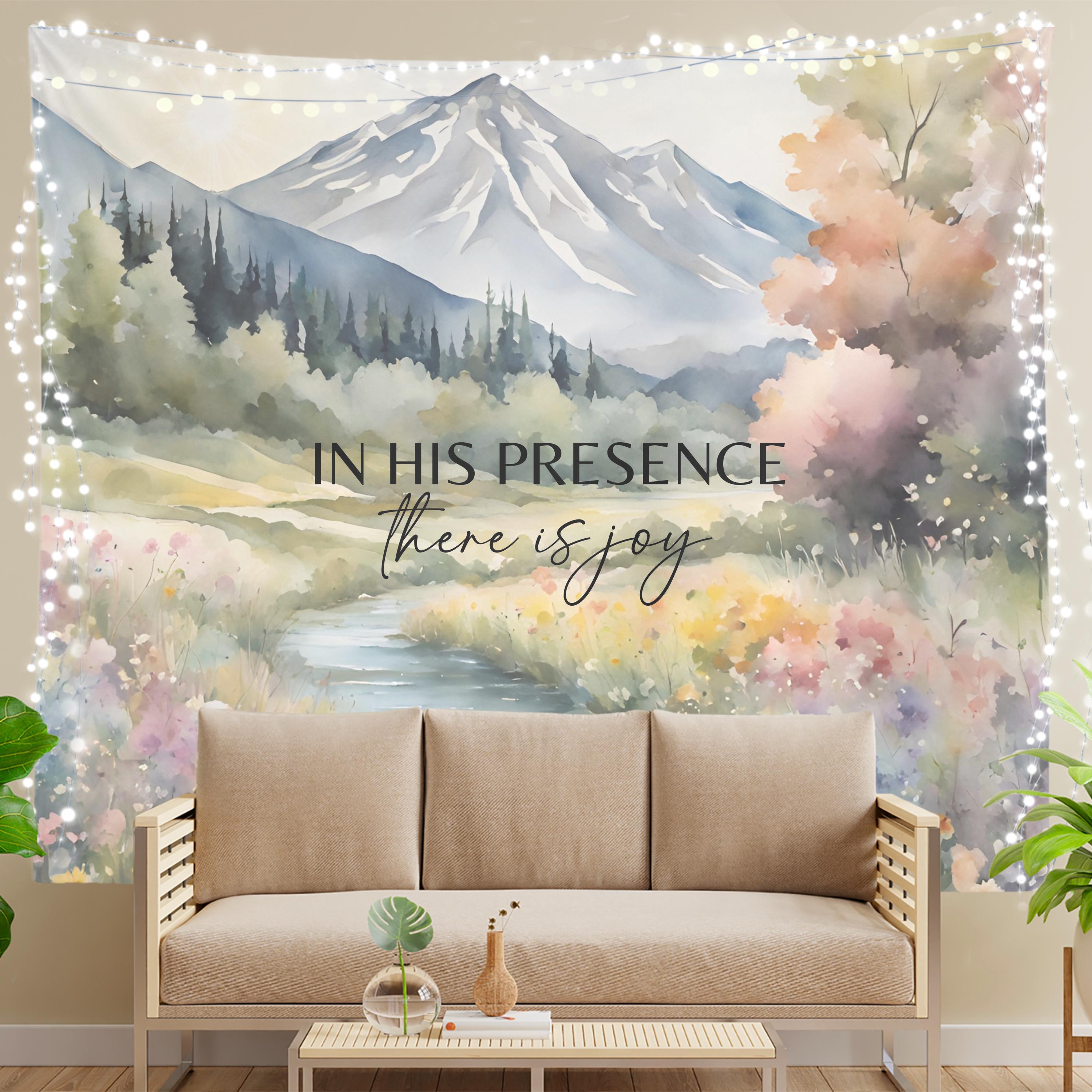 Christian Scripture Wall Tapestry, Psalm 16:11 Bible Verse Decor, In His Presence Mountain Scene Faith Tapestry, Church Decor, Godly Gift