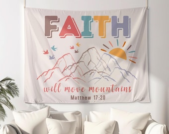 Christian Hanging Scripture Tapestry, Faith Moves Mountains Retro Wall Art Girls Bedroom, Kids Room, Classroom Wall, Teen Christian Gift