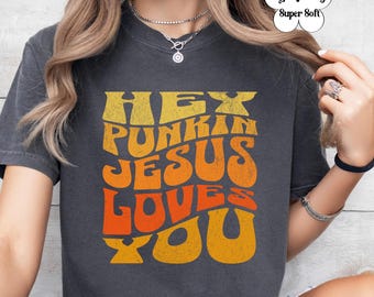 Christianisme automne confort couleurs chemise Jésus vous aime t-shirt automne tendance pour femmes chrétiennes, vêtements d'Halloween pour Thanksgiving cadeau chrétien