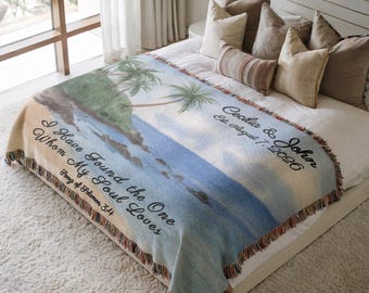 Couverture tissée personnalisée pour mariage, jeté d'anniversaire de mariage avec les noms des couples chrétiens, cadeau de mariage inspiré du Cantique des Cantiques, thème côtier et pieux