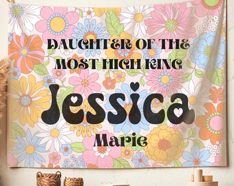 Personalized Christian Tapestry Daughter of the King Girls Bedroom Wall Art, Custom Boho Floral Nursery Art, Dorm Decor, Christian Girl Gift