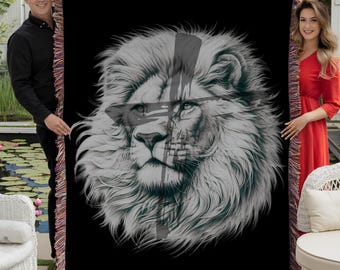 Lion of Judah Woven Blanket For Dad, Yeshua Christian Throw with Lion Cross Jacquard Tapestry Heirloom Blanket, Christian Father's Day Gift